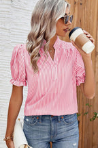 Pink Striped V Neck Puff Sleeve Blouse
