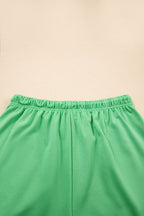 Mint Green V Neck Drop Shoulder Tee and Patchwork Drawstring Shorts Set