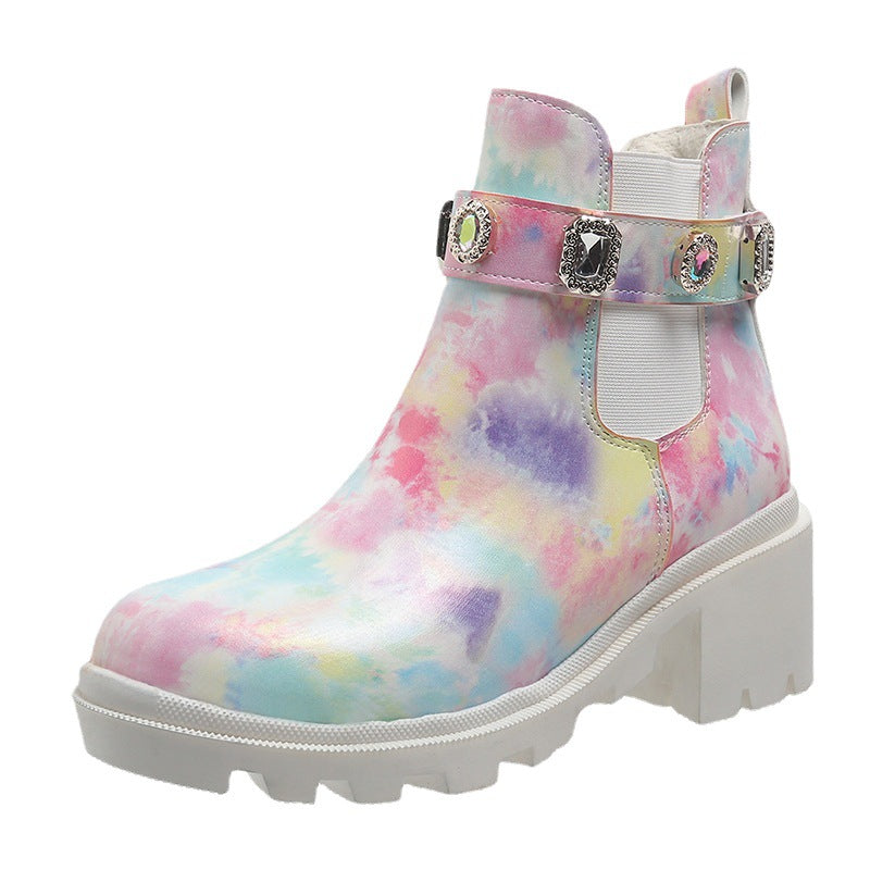 Rhinestone Chunky Heel Ankle Boots