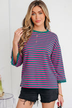 Sachet Pink Striped Print Drop Shoulder Lace Trim Bracelet Sleeve Loose Top