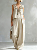 Women's Sleeveless Cotton-Linen Shirt & Pants Set – Urban 2-Piece