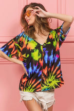 BiBi Tie Dye Print Jersey Stitched V Neck Top