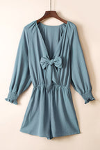 Gray Knot Front Casual Shirred Cuffs Puff Sleeve Romper