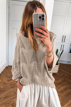 Navy Blue Hollow Out Knit 3/4 Sleeve Loose Sweater