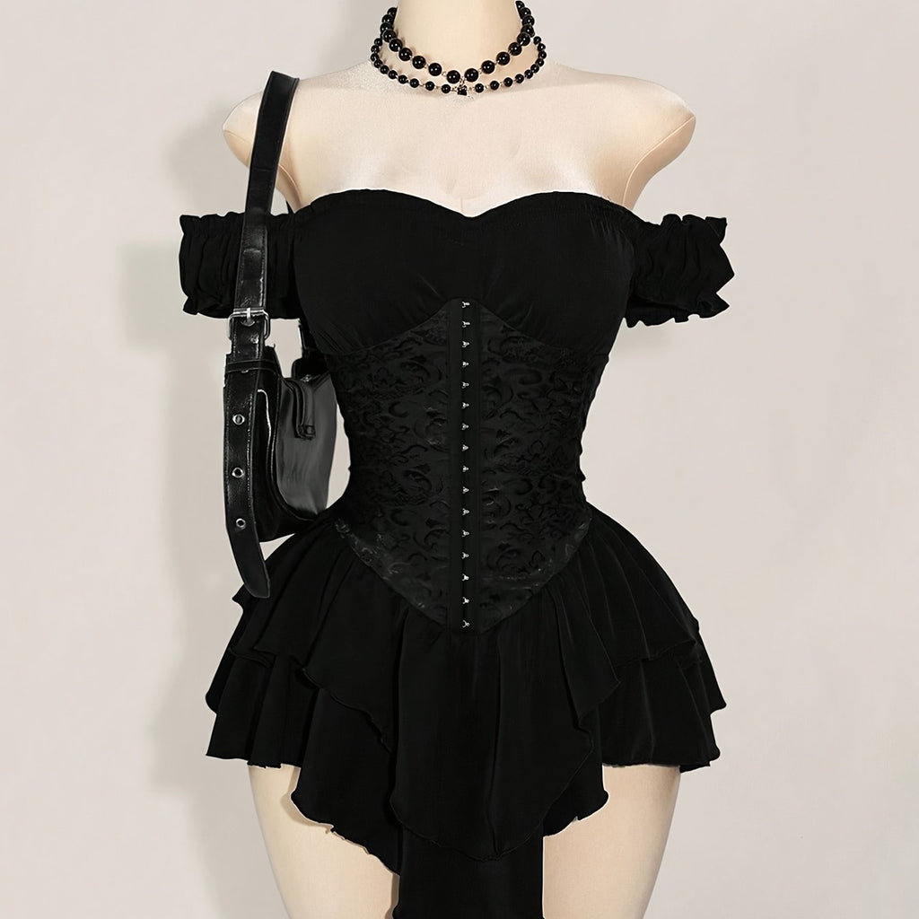 One-Shoulder Dress with a Fitted Waist And Back Tie, Features Puff Sleeves And a Stylish, Elegant Cake Skirt
