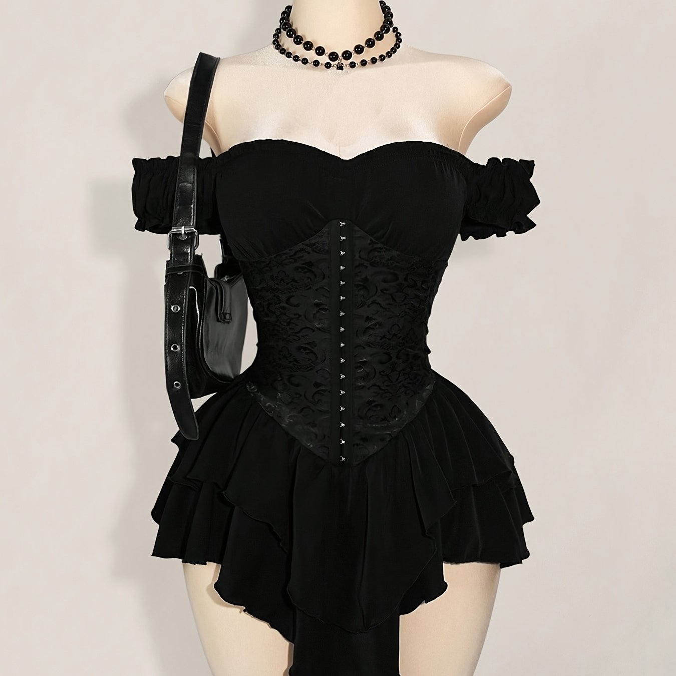 One-Shoulder Dress with a Fitted Waist And Back Tie, Features Puff Sleeves And a Stylish, Elegant Cake Skirt