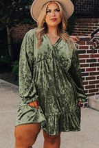 Jungle Green Plus Size Velvet Babydoll Mini Dress