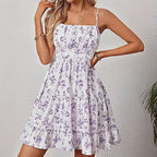 Floral Print Smocked Mini Dress Spaghetti Strap Slim Fit Flowy Dresses