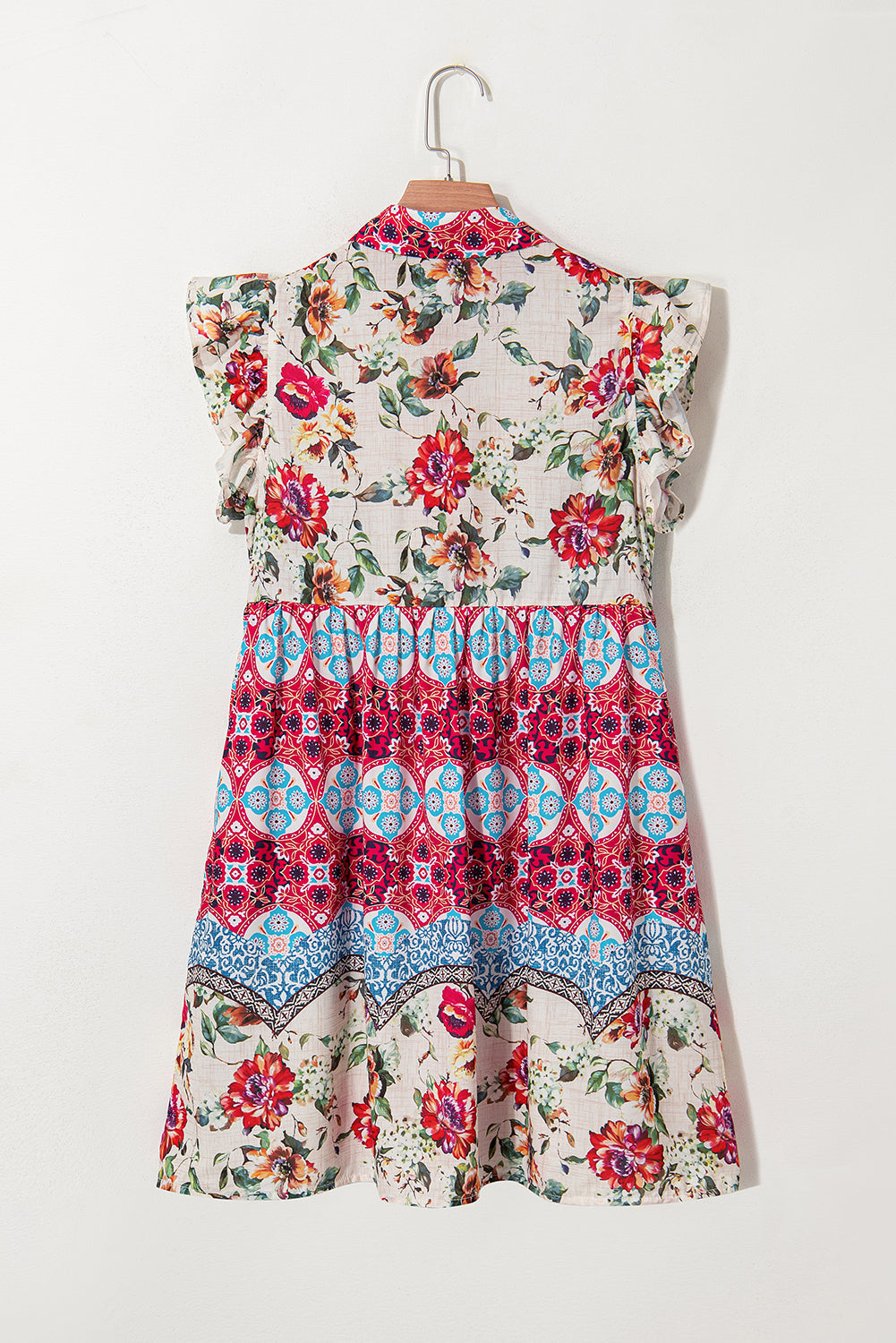 Rose Floral Ethnic Print Ruffle Mini Dress