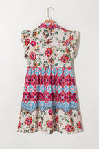 Rose Floral Ethnic Print Ruffle Mini Dress