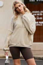 Black Half Zip Stand Collar Exposed Seam Solid Color Casual Sweatshirt