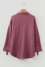 Fiery Red Pink Roll Tab Sleeve Ribbed Cording Shacket