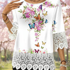 Printed Patchwork Three-Quarter Sleeve Top – Women's Loose Fit Pullover