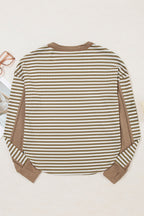 Khaki Stripe Thermal Knit Drop Shoulder Casual Top