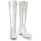 Dream Pairs Womens Size 6 Shiny Silver 3" Block Heel Zip Up Knee High Gogo Boots