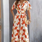 Women's Geometric Print Lace-Up Shirt Jumpsuit – Wide-Leg High-Waist Boho