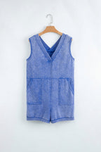 Sky Blue Mineral Wash Pocketed Sleeveless V Neck Loose Romper