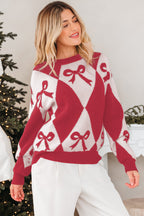 Red Bow Print 2-tone Rhombus Knit Loose Sweater