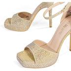 Dream Pairs Womens 6 Gold Rhinestone 4.5" Heel Peep Square Toe Ankle Strap Shoes