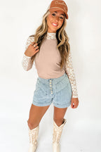 Smoke Gray Floral Lace Patchwork Long Sleeve High Neck Slim Top