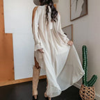 High Neck Asymmetric Maxi Chiffon Dress – Loose Fit Long Sleeve
