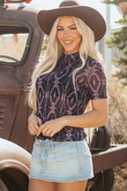 Brown Aztec Print Mock Neck Short Sleeve Mesh T Shirt
