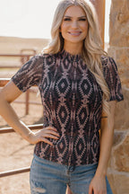 Brown Aztec Print Mock Neck Short Sleeve Mesh T Shirt