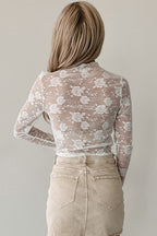 Apricot Pink Mock Neck Floral Lace Mesh Long Sleeve Top