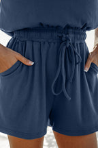 Ashleigh Blue Knit Open Back Cap Sleeve Drawstring Romper