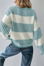 Khaki Two Tone Striped Patchwork Drop Shoulder Loose Sweater