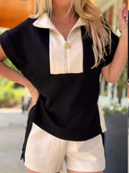 Color Block Half Zip Top and Shorts Two-Piece Set