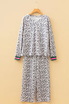 Gray V Neck Leopard Long Sleeve Top Striped Webbing Patchwork Drawstring Pant Set