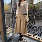 Relaxed A-Line Crushed Pleat Cotton Midi Skirt with Belt