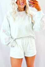 Sachet Pink Bow Embroidery Long Sleeve Pullover and High Waist Shorts Set