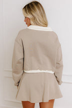 Parchment Raw Edge Detail Patchwork Cropped Pullover Drawstring Skirt Set