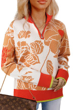 Khaki Ribbed Detail Floral Pattern Zip Collar Pullover Sweater