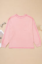 Bonbon Ribbed Exposed Seam Chest Pocket Plus Size Long Sleeve Top