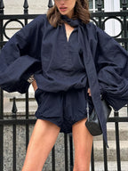 Tie Front Denim Top and Shorts Set