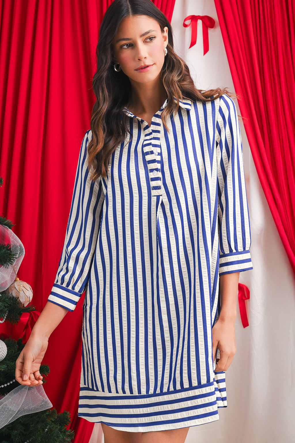 Blue Striped Collared Half Button Side Pockets Loose Fit Mini Dress