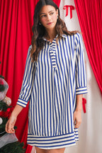 Blue Striped Collared Half Button Side Pockets Loose Fit Mini Dress