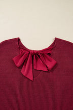 Jet Stream Ribbed Knit Ribbon Knot Backless Drop Shoulder Sweater