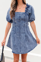 Denim Frilly Square Neck Bustier Puff Sleeve Dress
