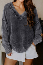 Four Leaf Clover Mineral Wash V Neck Knit Exposed Seam Drop Shoulder Loose Sweater