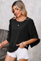 Black Frill Trim Plain Tulip Sleeve Blouse