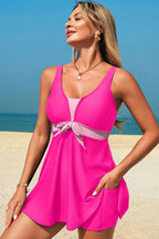 Sail Blue Color Block Patchwork Bow Knot Detail Sleeveless Swim Dress