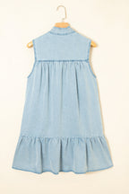 Real Teal Bowknot Neck Ruffled Sleeveless Chambray Dress