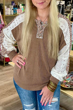 Dark Khaki Twisted Ribbed Leopard Lace Contrast Patchwork Long Sleeve Top
