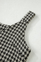 Khaki Houndstooth Print V Neck Sleeveless Mini Dress