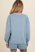 Brown Checkerboard Contrast Trim Long Sleeve Pullover and Shorts Set
