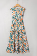 Green Floral Print Trimmed V Neck Tie Waist Sleeveless Holiday Long Dress